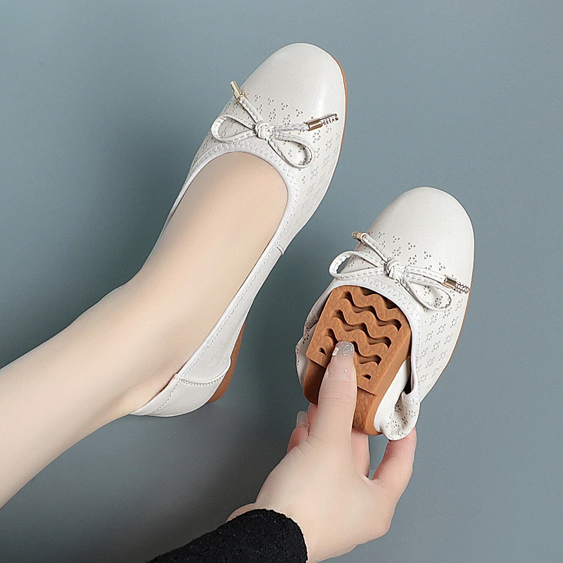 AIYUQI Women Summer Shoes Spring New Genuine Leather Flat Casual Shoes Women Round Toe Large Size Cutout Mom Shoes Women
