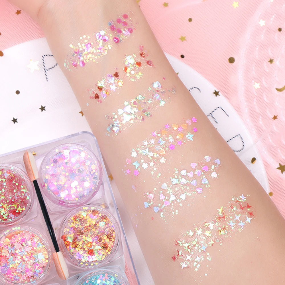 6 ColorsSet Holographic Chunky Nail Sequins Glitter Makeup Eyeshadow Bulk Party Face Body Chunky Glitter For Festival Glitter 241209