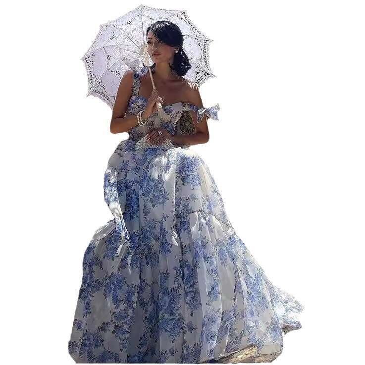 New spring and summer off shoulder women's fashion, organza fairy long style evening dress, 2024 versatile new trendy clothing ins