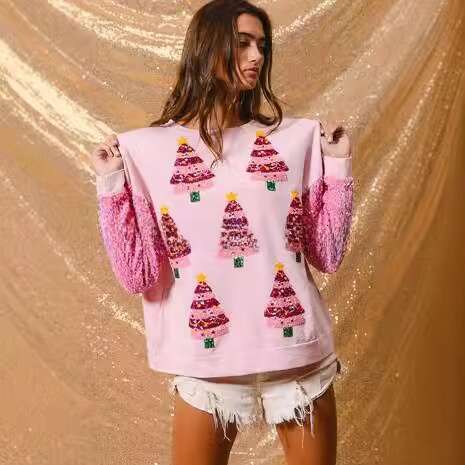 New European And American Clothing Sweet Sequined Sleeves Versatile Top Christmas Long Sleeved Hoodie Women's Fashion Quality Classic B3