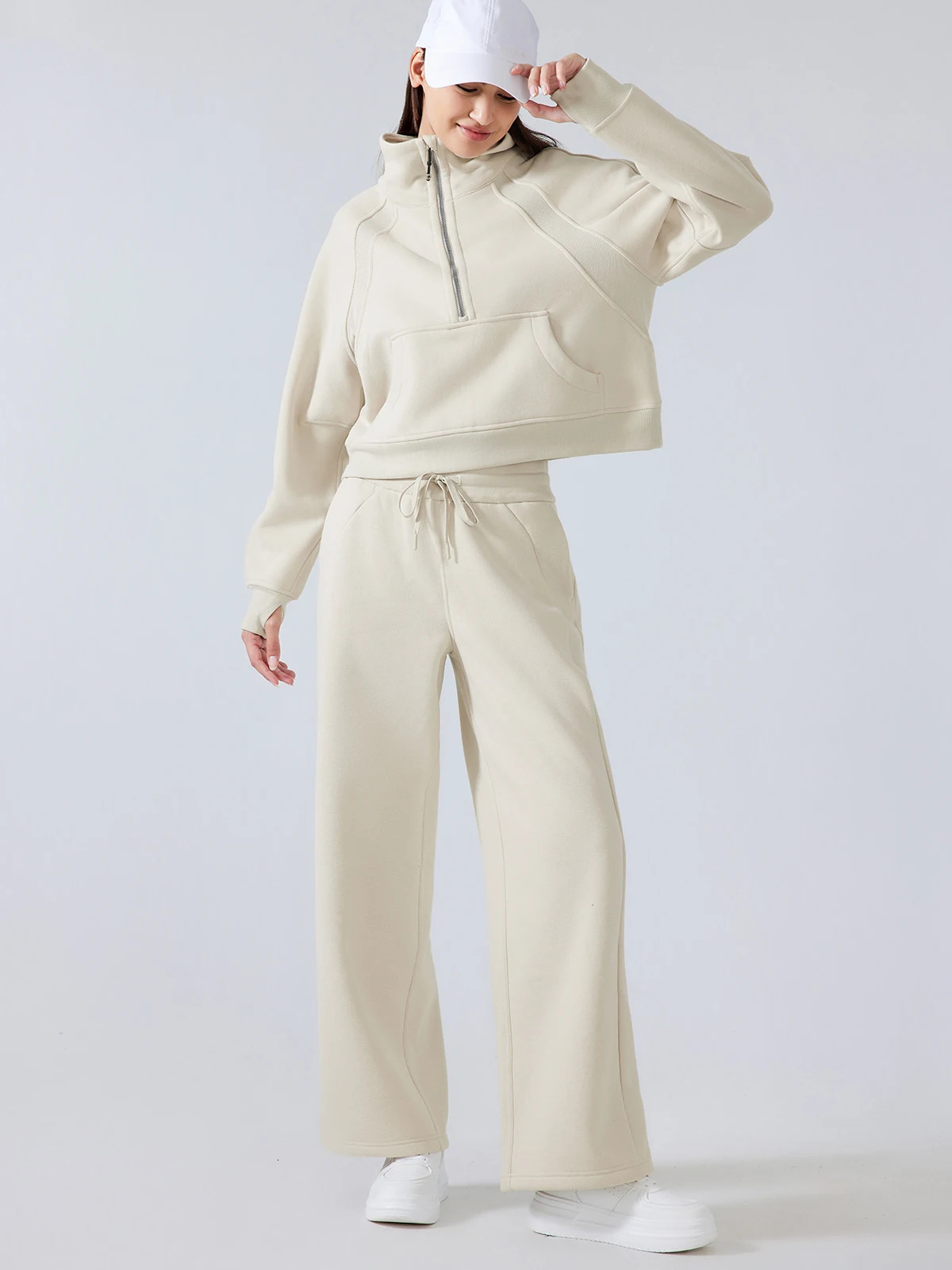 Womens 2-piece winter warm wool half zipper high neck zipper sweatshirt and loose straight leg pants suitable for gym and casual wear 241205