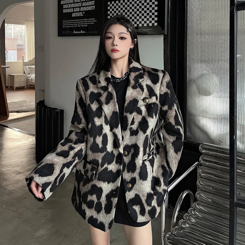 Leopard Print Coat Women Autumn Winter Korean Style Niche Loose Suit Jacket Casual Vintage Temperament Blazer 241209