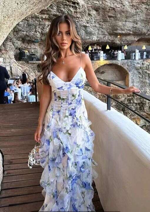 Spring/Summer Off Shoulder Women's Chiffon Printed Fairy Long Style Evening Dress 2024 New Casual Fashion Trendy Clothing