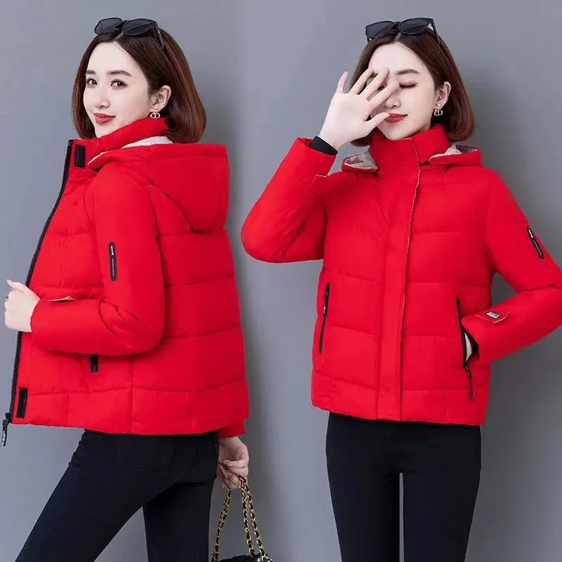 Womens thick wool cotton Parkas winter warm hooded short jacket womens casual solid zipper apron Coats 241209