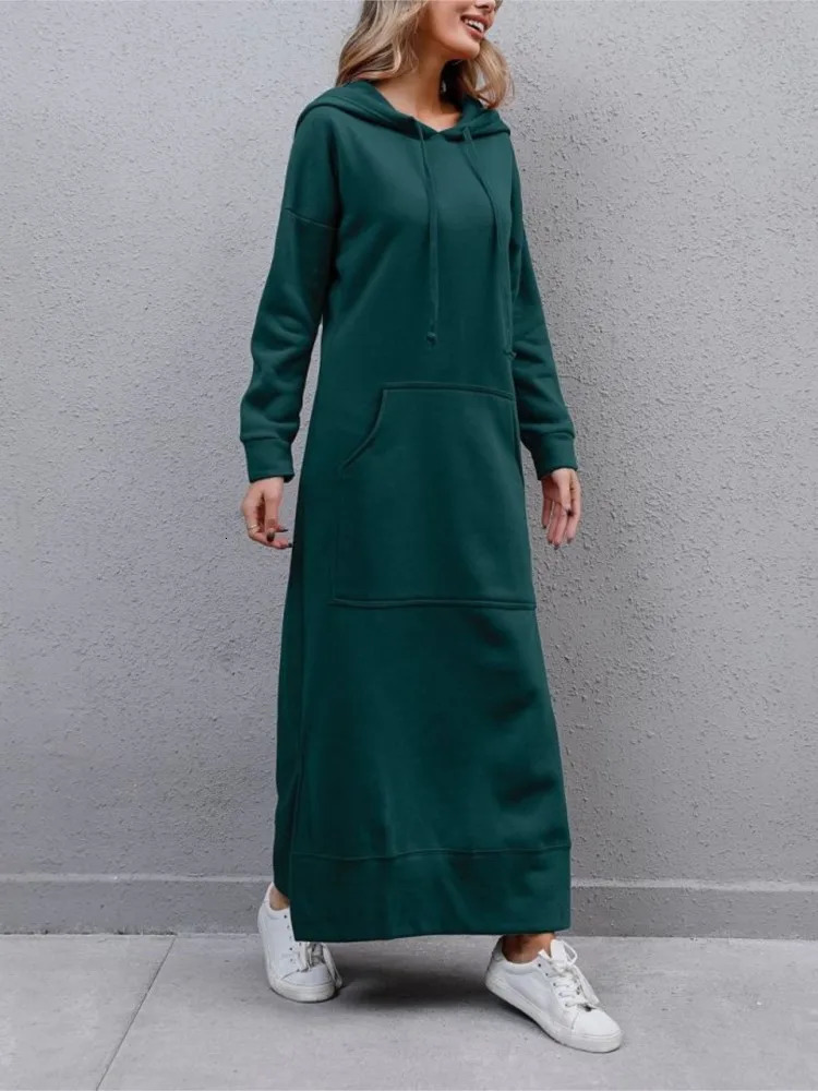 Autumn Winter Womens Loose Large Knitted Hooded Long Skirt With Velvet Hoodie Casual Fashion Dress Large Pocket Skirt 241209