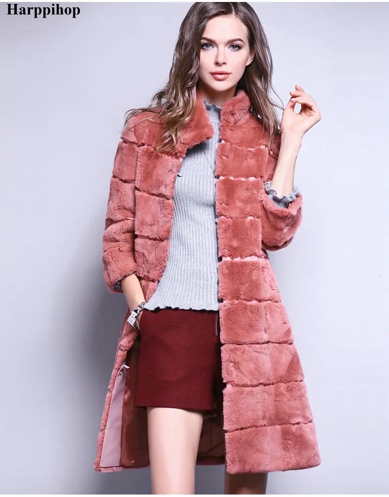 Plus Size Natural Rex Rabbit Hair Fur Coat Colors Womens Long n Winter Warm Outwear Female Overcoat 241202