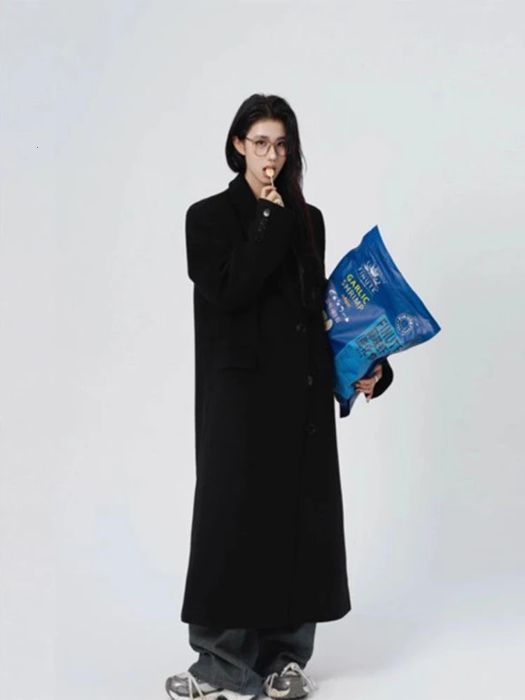 Black Lapel Long Blend Coats Tops Korea Fashion Cotton Padded Lined Casual Chaquetas Elegant Loose Women Jackets Casaco 241203Z