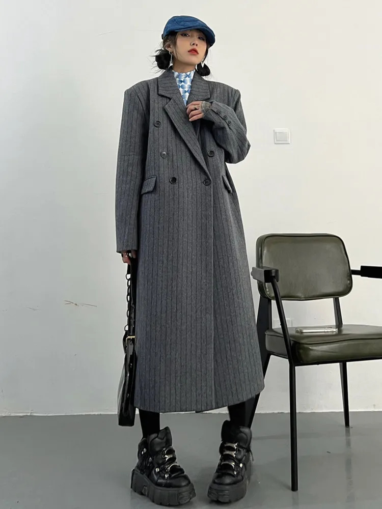 BJTZ temperature medium length loose British striped wool coat womens jacket spring/summer trend HL90 241204