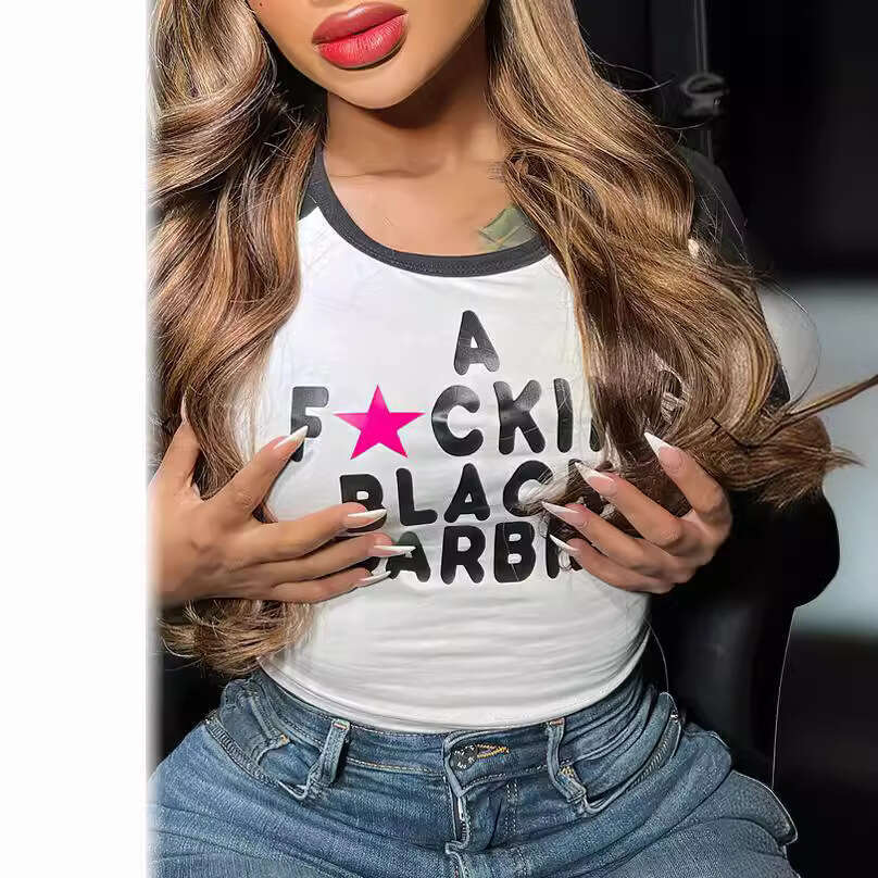 New European American spicy girl letter printed short women's street retro raglan sleeve T-shirt 2024 new style chic and elegant clothing
