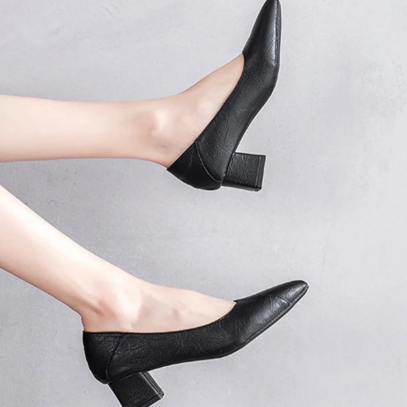 Pumps Women Shoes Shallow Chunky Heeled Pointed Toe Ladies Shoe Platform Soft Leather Slip on Womens Fashion Dress Office 241209