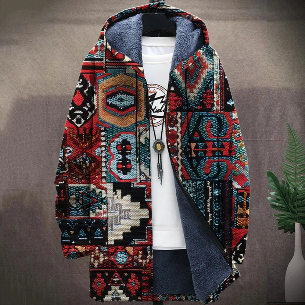 Mens original retro Aztec block graphic winter coat printed pattern knitted sweater cardigan woolen zipper hooded thick 241209