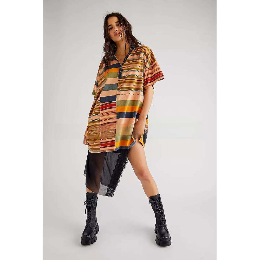 New European And American Women's Mid Sleeve Lapel Contrasting Striped Loose Casual Dress For Women B4