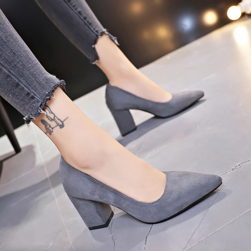 Women Pumps Flock Sweet Thick High Heels Female Sexy Office Pointed Toe Dress Work Pump Cute Shoes Ladies Footwear 241209