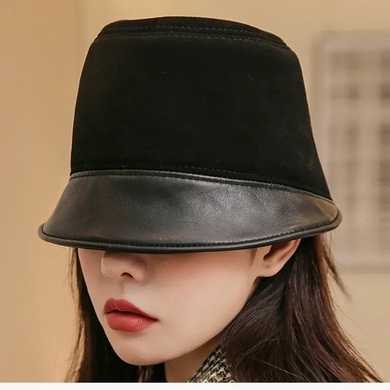 Korean niche retro leather womens bucket hat brown womens fisherman splicing Gorro womens cover street basin Ca 241205