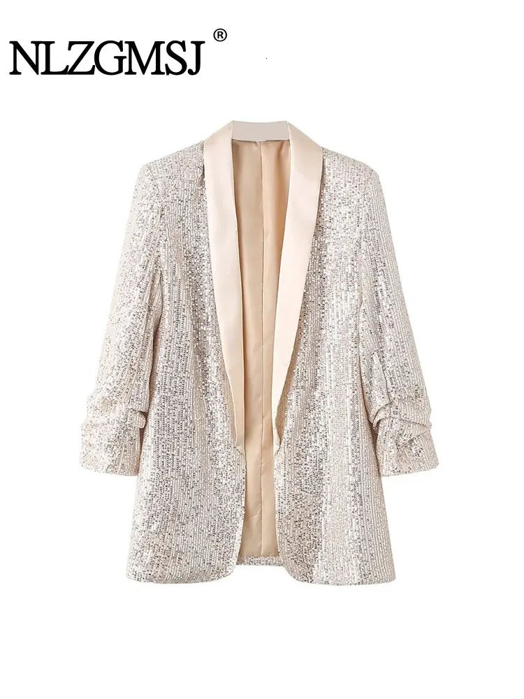 TRAF 2024 Women Coat Shiny Sequin Long Sleeve Cardigan Open Stitch Long Sleeve Club Spring Autumn Blazer Jacket 241209