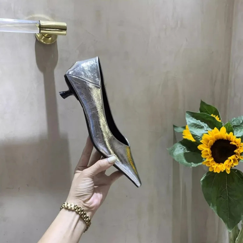 Womens Boat Shoes Pointed Toe Pumps Kitten Heel Dress Shoes Silver Office Work Shoes for Female Black Spring 241209