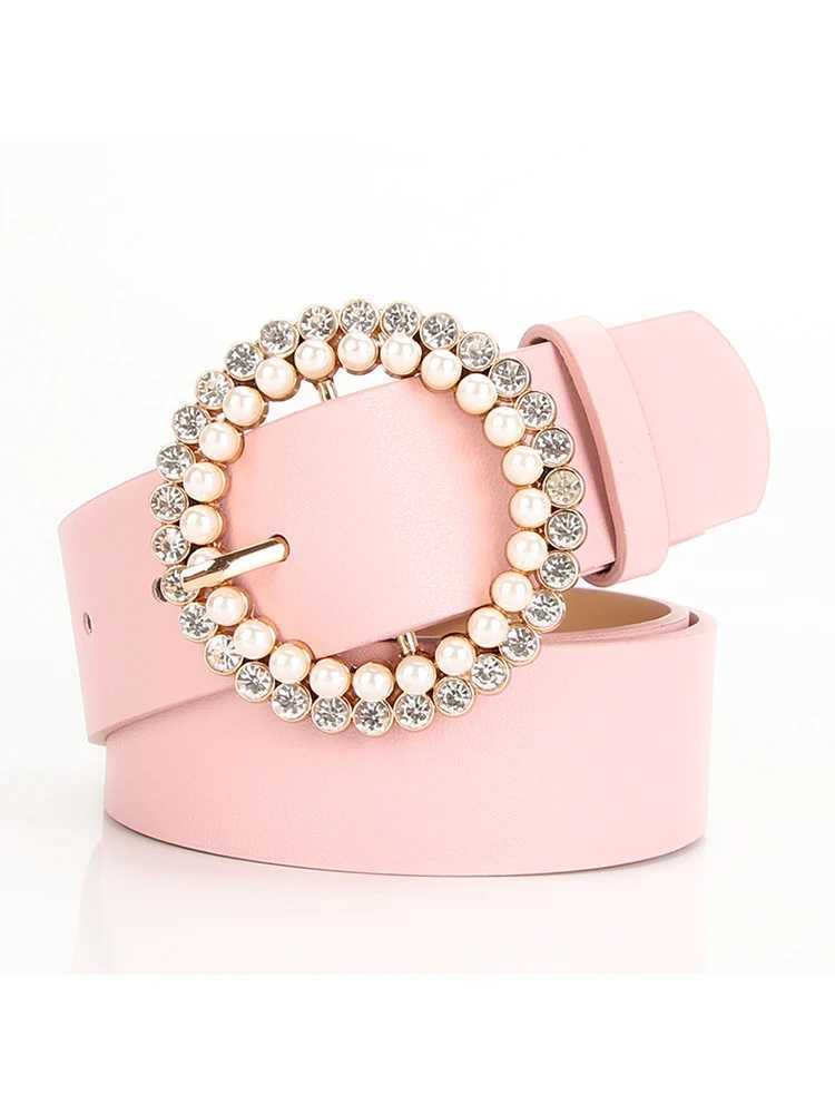 Summer jeans dress round pin buckle webbing casual womens leather PU pearl diamond decorative belt fashionable wide belt X241209