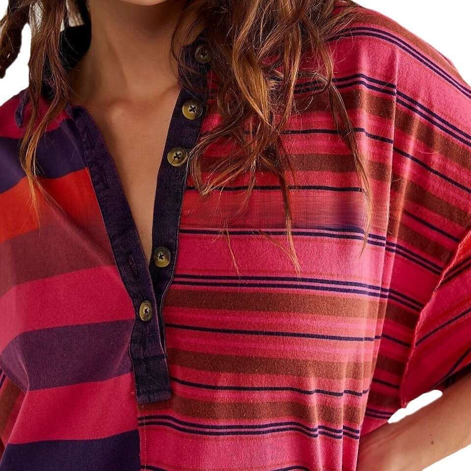 New European And American Women's Mid Sleeve Lapel Contrasting Striped Loose Casual Dress For Women B3