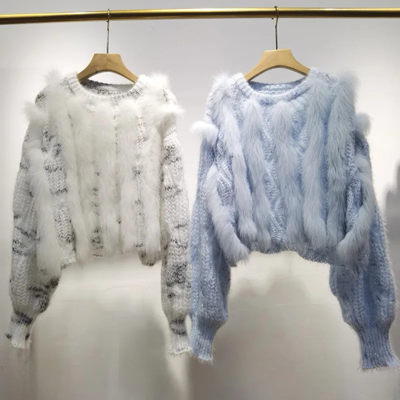 fox fur striped knitted short pull sweater long sleeved O-neck womens pull jumper womens fur decorative sweater 241202