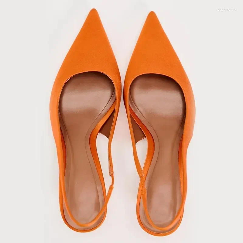 2025 S Fashion Designer Sandals Summer High Heels Woman Pointed Elegant Office Sgbacks Stiletto Orange Silk Dress Lady Party Shoes