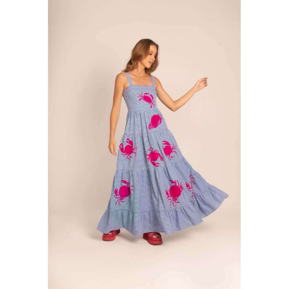 New Embroidered Pleated Camisole For Women's Wear, Beach Vacation Long Dress B2