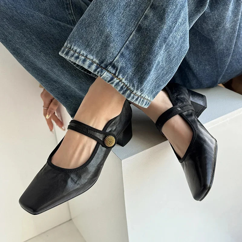Spring High -heeled Shoes Female Dwarf Retro Dress Shoes Fashionable Square Toe Shallow Mouthpiece 241209