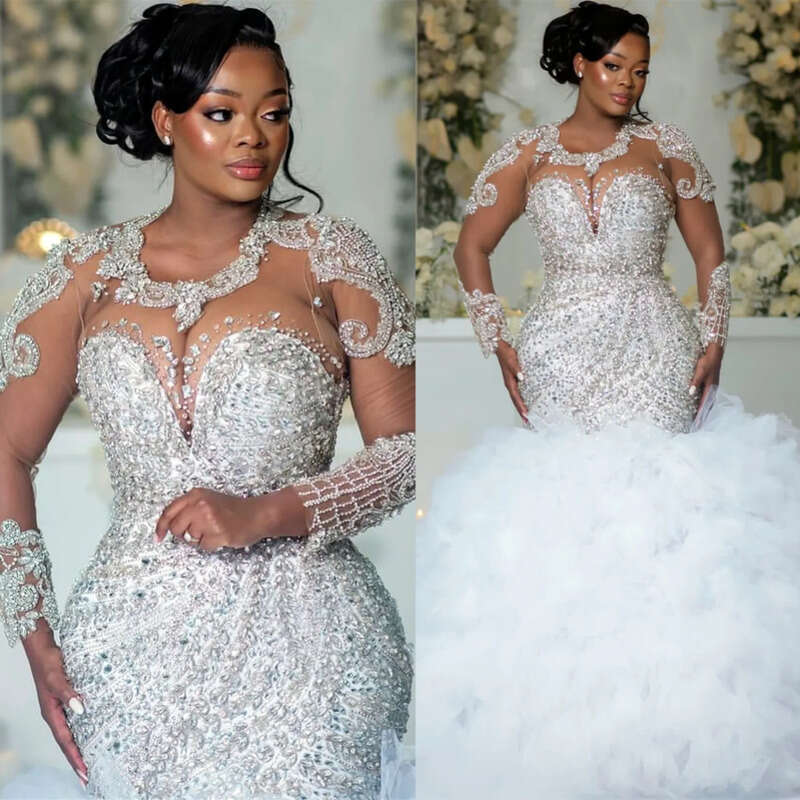 2024 Arabic Aso Ebi Plus Size Off White Mermaid Wedding Dresses Urious Lace Rhies Full Sleeves Tiers Vintage Bridal Gowns Dress 0218