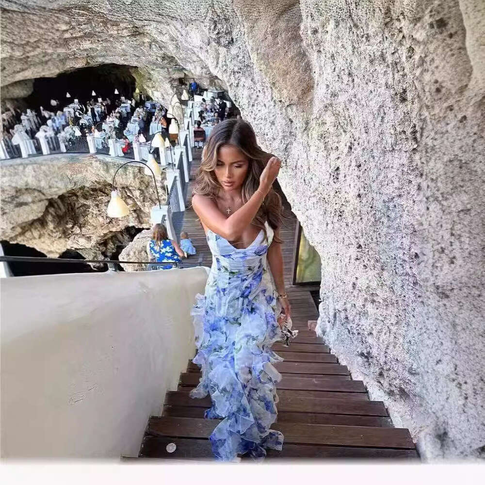 Spring/Summer Off Shoulder Women's Chiffon Printed Fairy Long Style Evening Dress 2024 New Casual Fashion Trendy Clothing