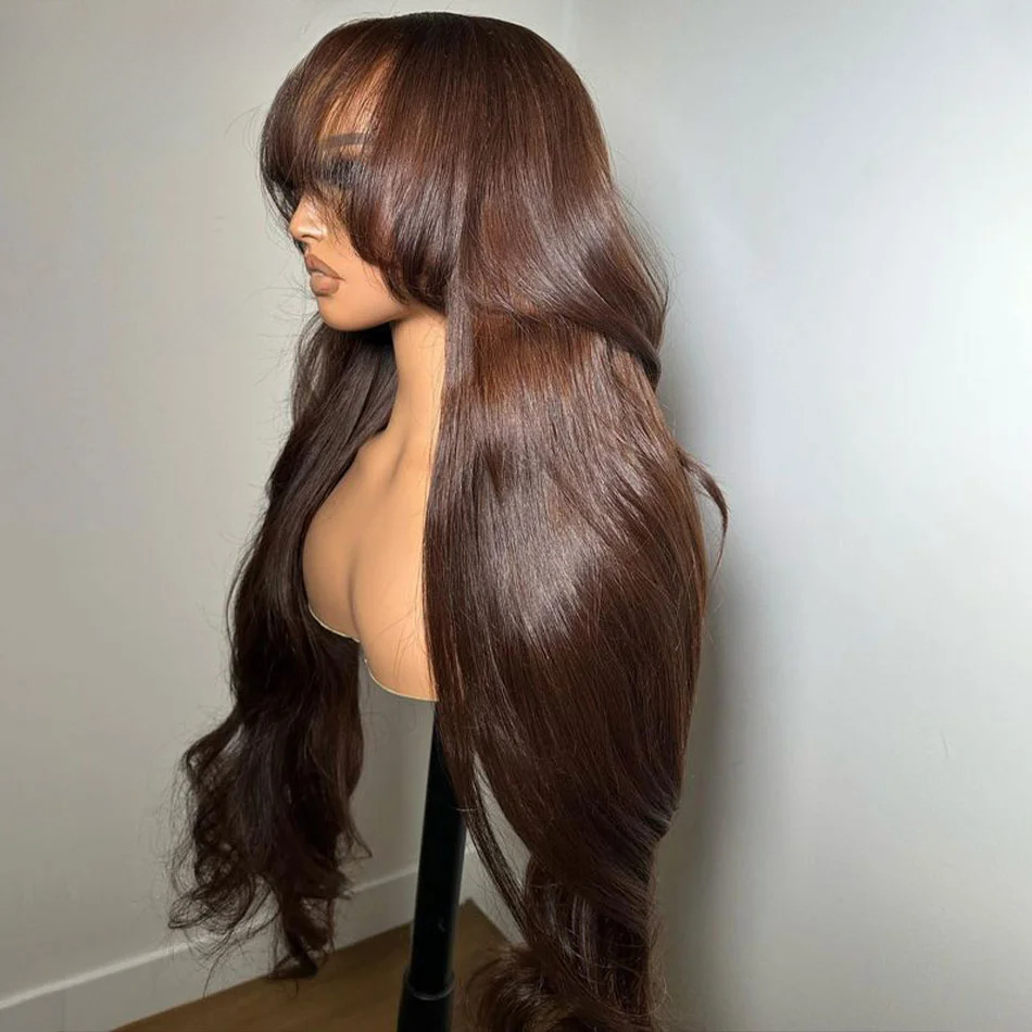 180density Chocolate Brown Body HD Lace Frontal Human Hair Wigs Water Wave Colored Synthetic Wig with Bangs 250 Density 40Inch