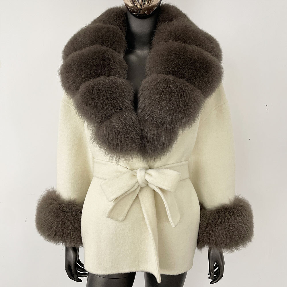 Belt Pocket Winter Jacket Natural Real Raccoon Fox Fur Blends Wool Coat Women Loose Casual Outerwear Streetwear