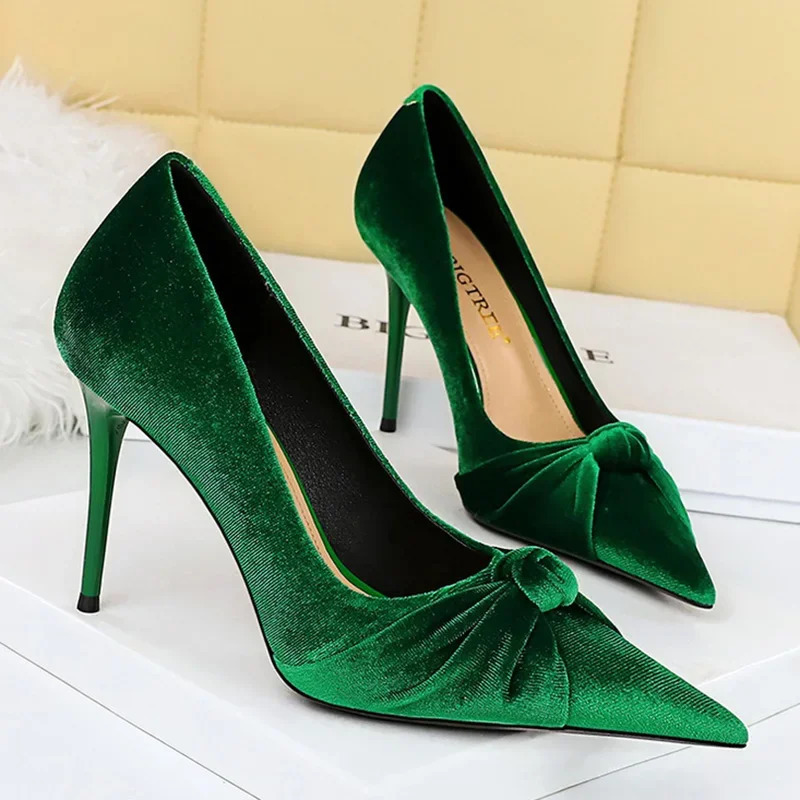 Size 34-43 Women Fetish 10cm High Heels Evening Velvet Pumps Scarpins Wedding Stiletto Heels Lady Green Butterfly Bow Prom Shoes 241209