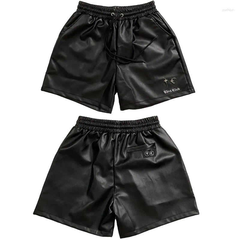 Men's Shorts American THUG CLUB Letter-embroidered Metal Logo PU Leather Women's High Street Waisted Loose Casual Fashion