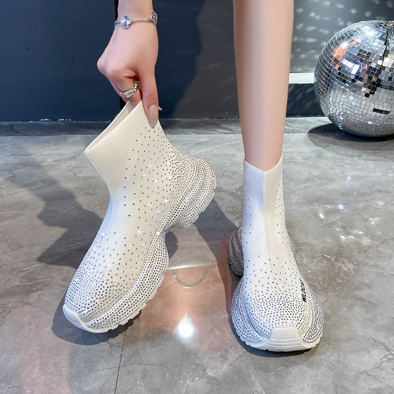 Designer Full Diamond Ankle Boots Women's Shiny Diamond High Quality Modern Boots Luxury Knitted Stretch Boots Thick soled High Heels Comfortable