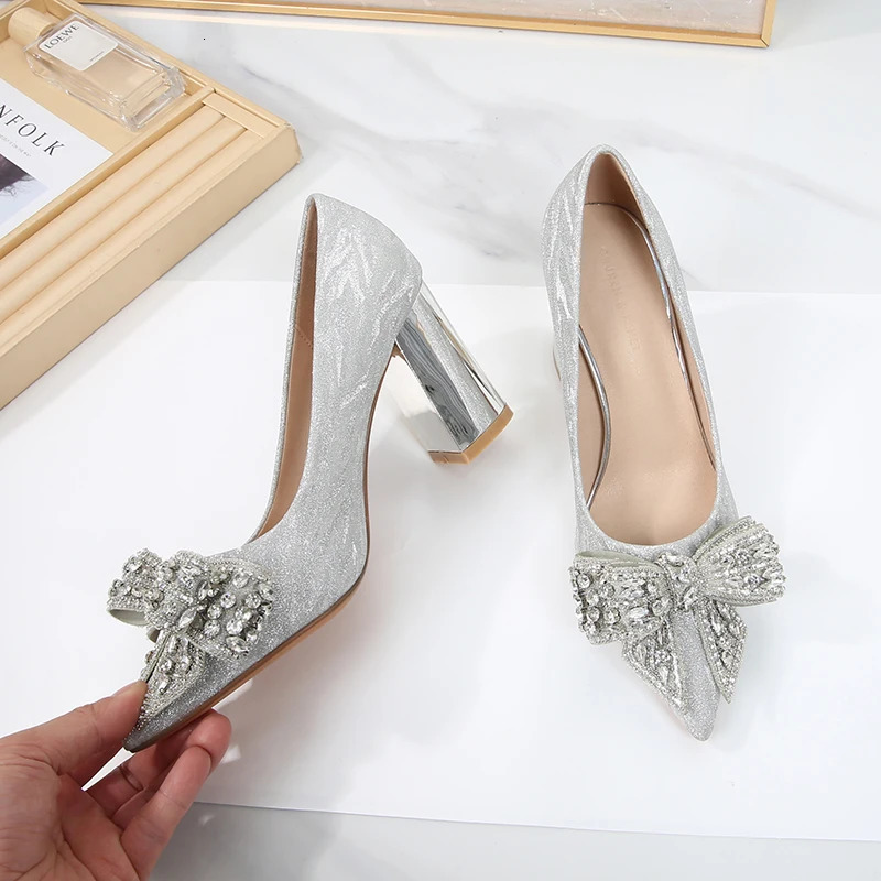 Bow high heels womens rhinestone block heel high-end show dress bridal wedding shoes 241209