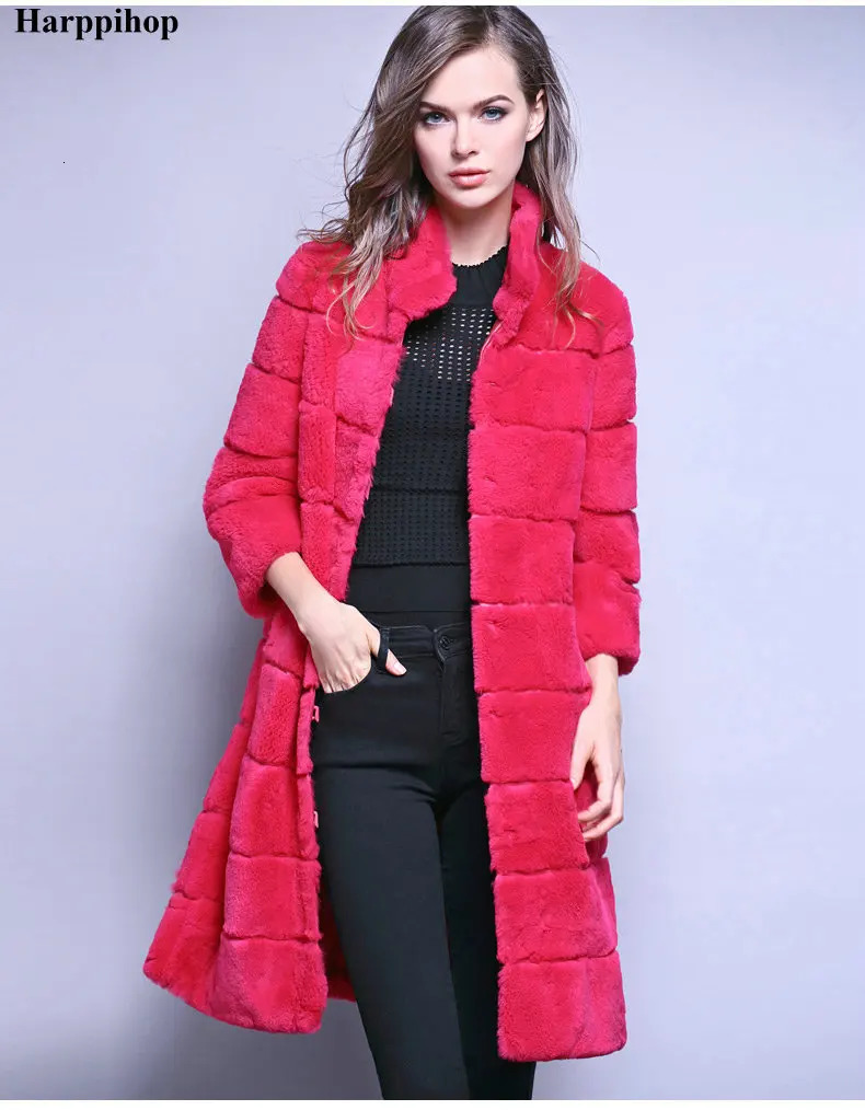 Plus Size Natural Rex Rabbit Hair Fur Coat Colors Womens Long n Winter Warm Outwear Female Overcoat 241202