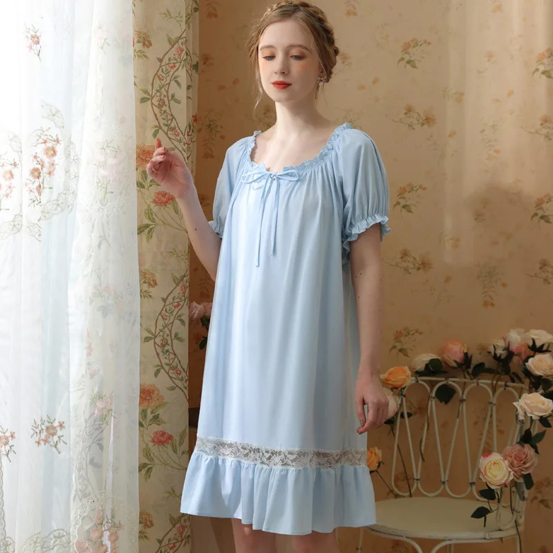 Sweet Princess Short Sleeves Lace Nightdress French Sexy Knee-Length Nightie Comfy Cotton Loose Homedress Nightwear For Women 241209