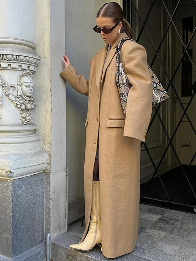 Retro single chest thick long jacket for womens casual loose solid seam pocket wool Maxi jacket for womens winter fashion street jacket 241204