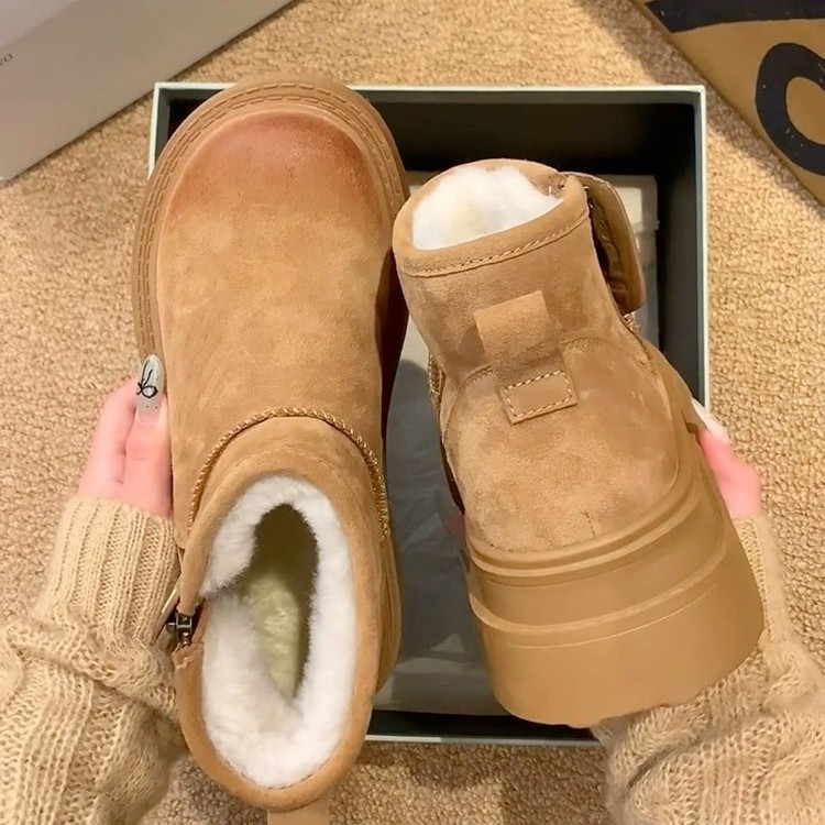 Women Winter Boots:Snow Boots 2024 New Fashion Velvet Thick Sole Outdoor Wear Fur Leather Water Proof,Light Tan/Khaki,Free shipping
