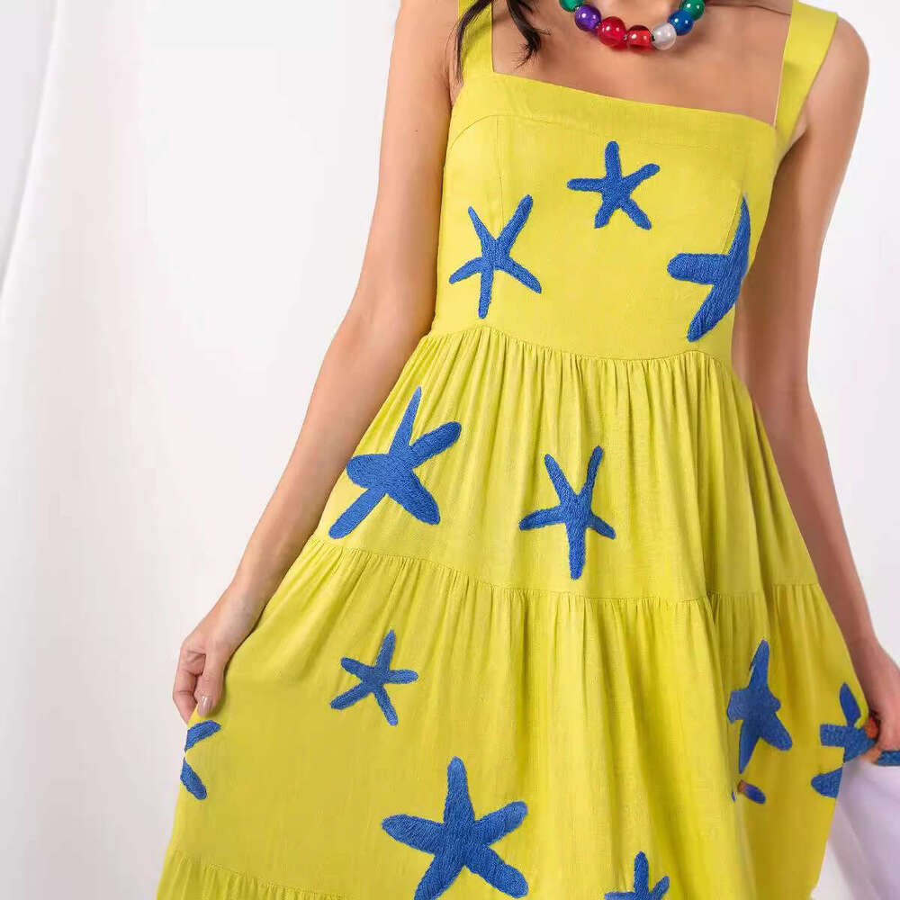 New Embroidered Pleated Camisole For Women's Wear, Beach Vacation Long Dress