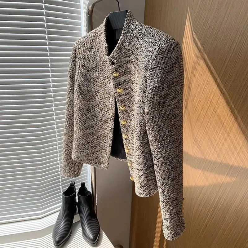 2024 Tweed Korea High Quality Short tweed jacket woman Korean Clothes Single-breasted Lady Blazer All-match Casual Coat Tops 241209