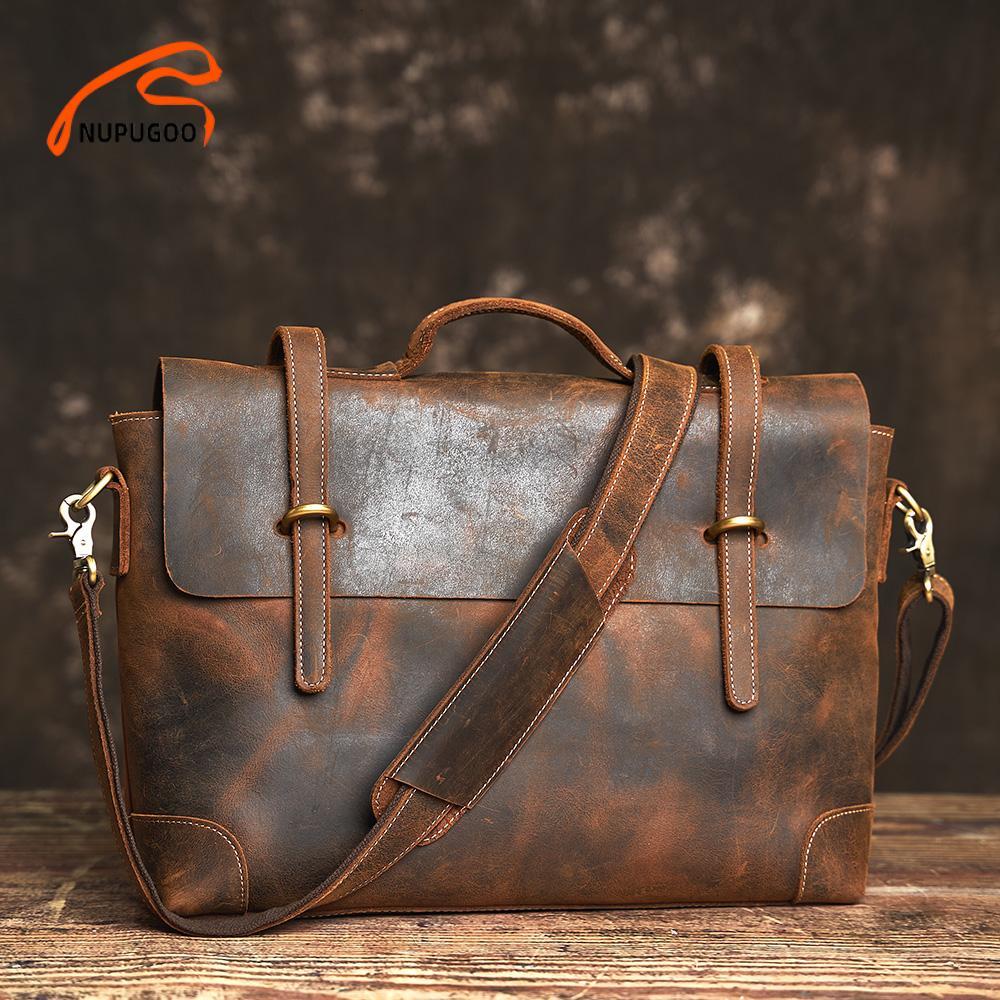 NASVA Genuine Men's Briefcase Vintage Handbag Large Capacity Commuter Crazy Horse Leather Casual Laptop Bag