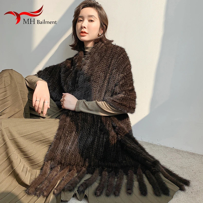 Mink fur shawl warm and fashionable in winter real fur double knitted scarf women fur shoulder ridge Bib large pocket tassel 241209