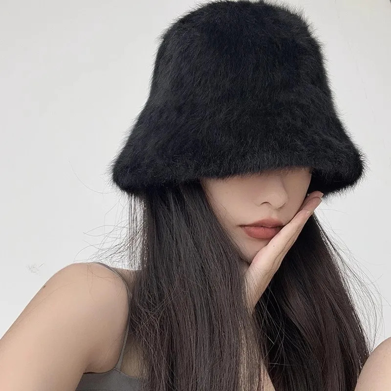 Womens White Rabbit Fur Bucket Hat Autumn Thick Warm Fishermans Hat Girls Outdoor Basin Hat Winter Women Panama Bob Goros 241205