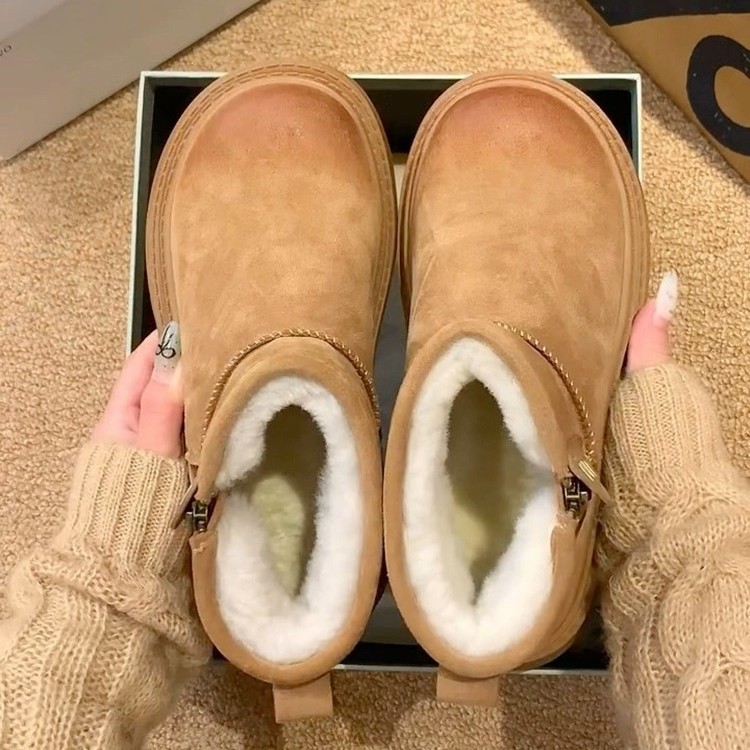 Women Winter Boots:Snow Boots 2024 New Fashion Velvet Thick Sole Outdoor Wear Fur Leather Water Proof,Light Tan/Khaki,Free shipping
