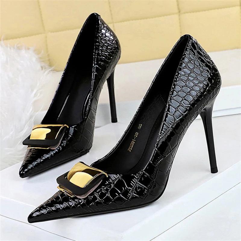 BIGTREE Metal Buckle Serpentine Patent Leather Women Pumps Stilettos High Heels Pointed Toe Party Shoes Zapatos Mujer 241209