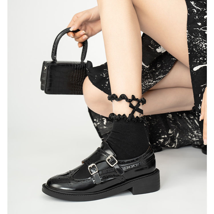 Women Leather Solid Color Brogue Flats Buckle Strap Round Toe Formal Dress Shoes for Ladies