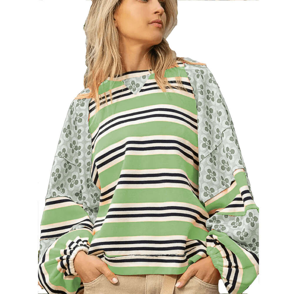 Autumn Winter New European And American Color Blocked Printed Top, Casual Loose Long Sleeved Hoodie, Women's Fashion Quality Classic B2