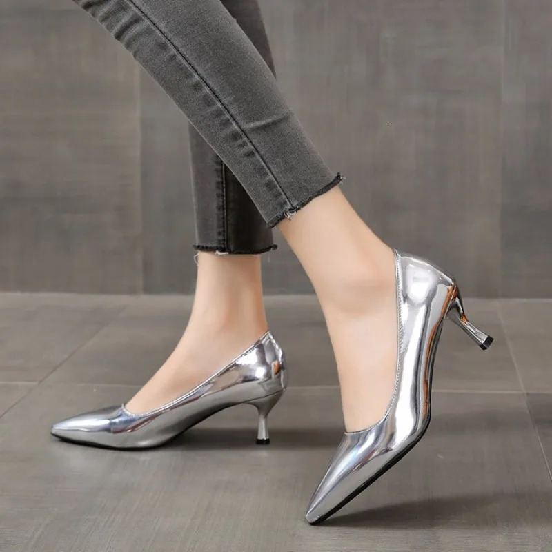 Fashion Women Patent Leather High Heels Lady Pointe Toe Gold Silver Heels Pumps Female Wedding Bridal Shoes Plus Size 35-45 241209