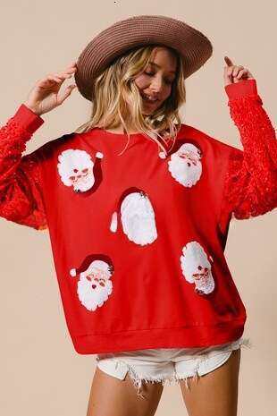 New European And American Clothing Sweet Sequined Sleeves Versatile Top Christmas Long Sleeved Hoodie Women's Fashion Quality Classic B4