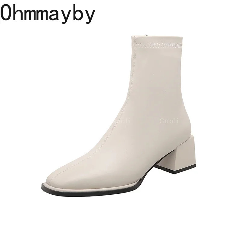 High quality soft PU leather womens ankle boots square toe square heel short boots autumn winter womens shoes Chelsea boots 241206
